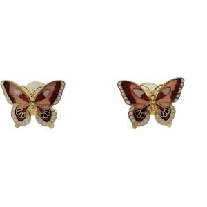 Cloisonne Butterfly Post Earrings Gold Tone Pinks Fairy Garden Feminine Enamel